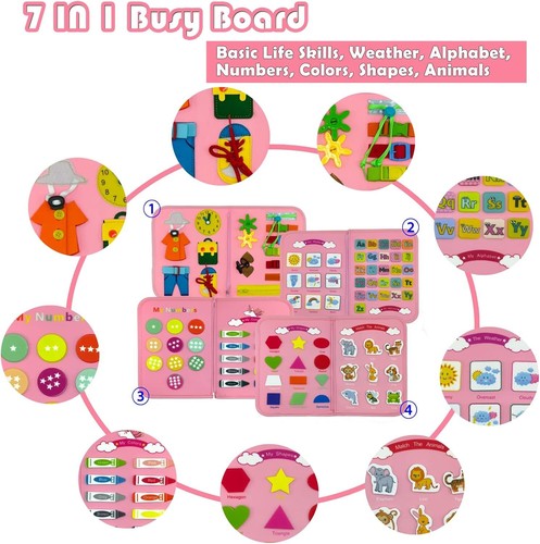 Toddler Busy Board Montessori Toys for 1 2 3 4 Year Old Girls/Boys Sensory Board - Picture 2 of 7