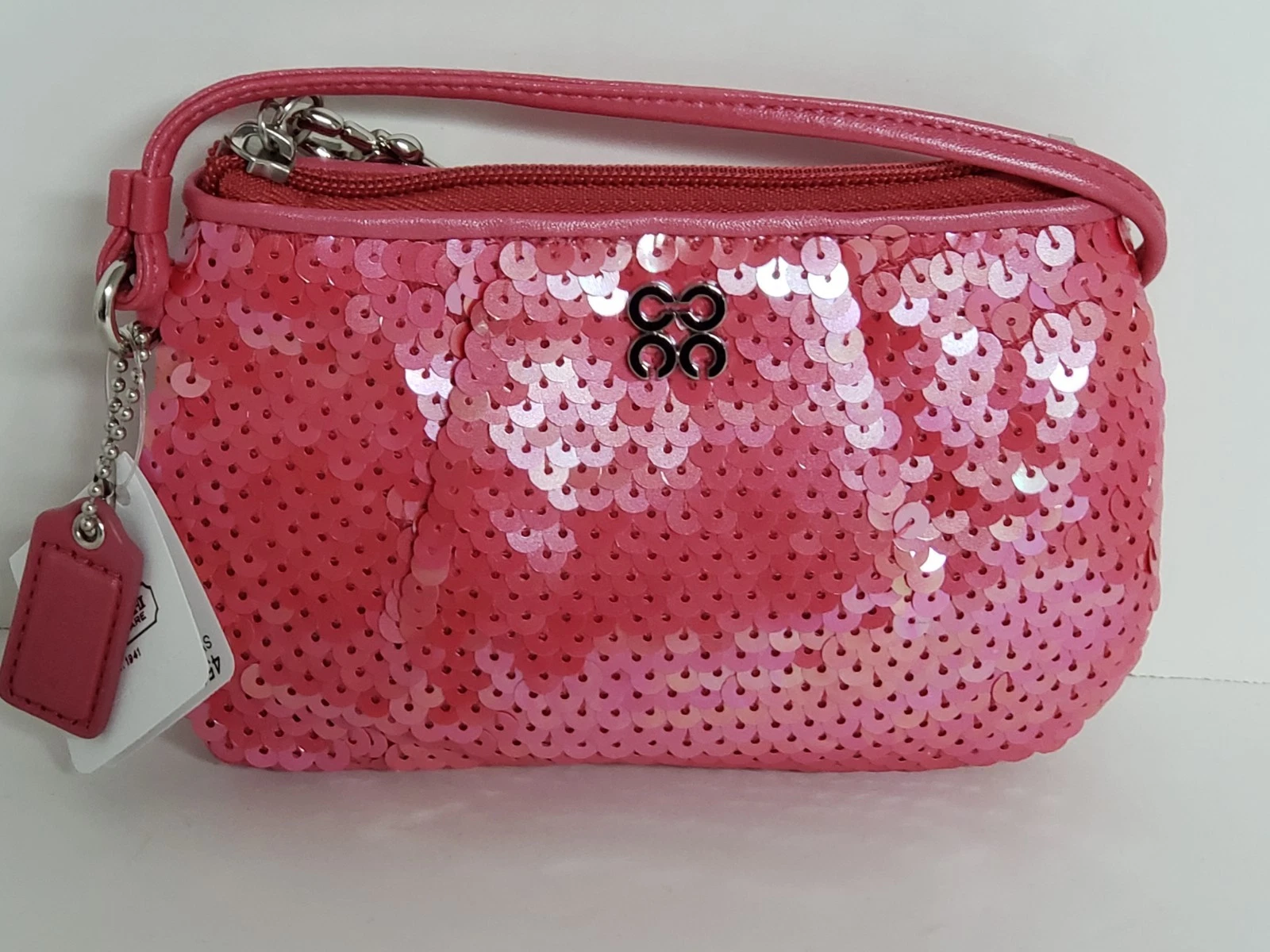 Pochetta da polso piccola Coach Audrey grigio avorio sequenza rosa PUNTA NUOVA CON ETICHETTE RARA