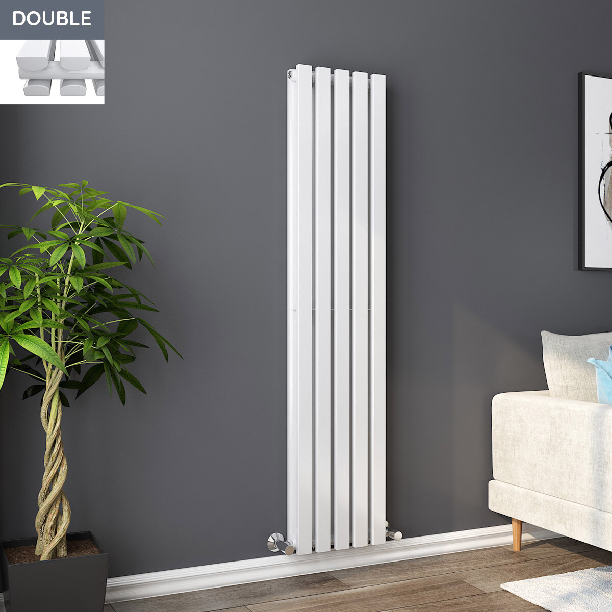 Vertical Column Designer Radiator Rectangle Flat Panel Double White 1600x340mm
