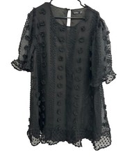 Boohoo Black Textured Polka Dot Floral Sheer Tunic Dress Sz 18 Whimsigoth Fairy