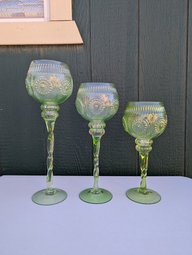 Italian GREEN Depression Glass Vases Empoli Italy Adeline Twisted Stem *SET OF 3 - Picture 3 of 13
