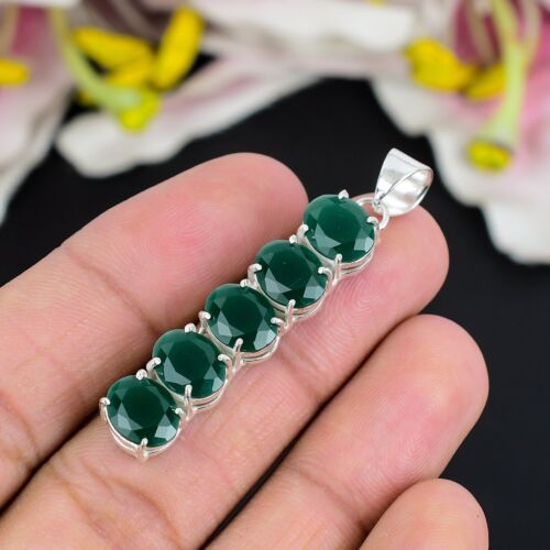 Green Onyx Gemstone Pendant Handmade 925 Sterling Silver Pendant Jewelry - Picture 3 of 4