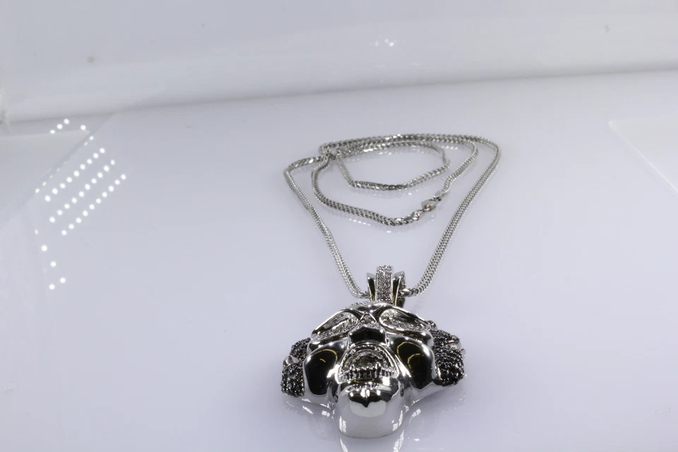 Men's Sterling Silver 925 Chain with CZ's & Onyx Stones Charm / Pendant #80089 - Image 4 of 4