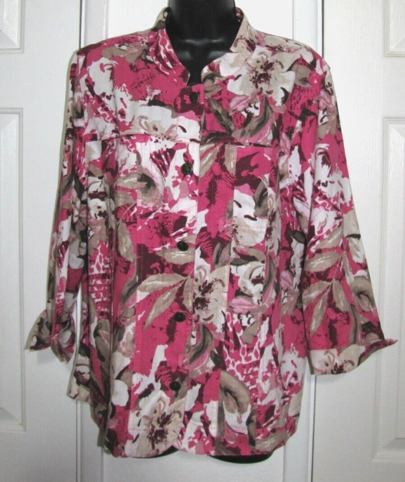 Chaqueta Mujer Mezcla Lino Botón Sin Forro Rosa/Blanco Floral Manga 3/4 Mujer L/XL Foto 2 de 4