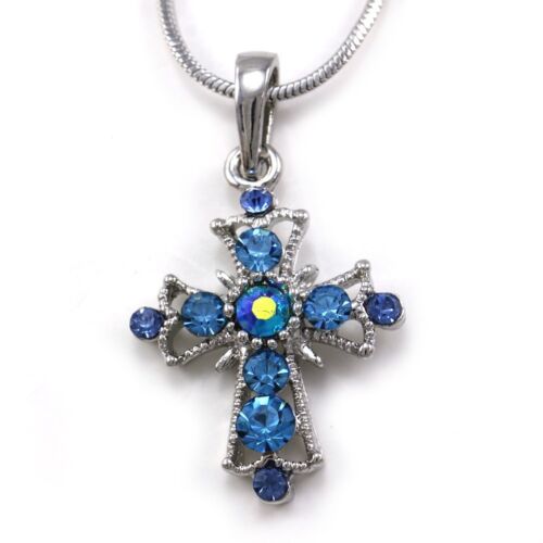 Pendentif croix bleue collier pierre charme ton argent chaîne adolescente femmes bijoux a1 - Photo 1/1