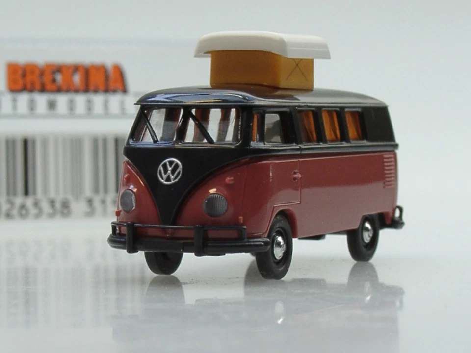 Brekina VW T1 Campingwagen, Wohnmobil, rot-schwarz - 31514 - 1/87