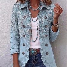 Women's Boho Paisley Ruffle Jacket Button Front Floral Print Lightweight Blazer