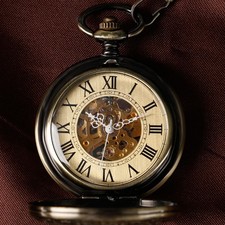 Vintage Bronze Pocket Watch Engraved Automatic Roman Skeleton  Exhibition Back