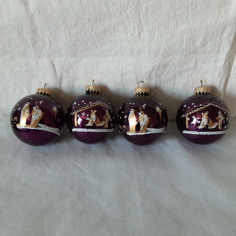 SET OF 4 KREBS PURPLE GLASS NATIVITY SCENE CHRISTMAS ORNAMENTS SILVER GLITTER