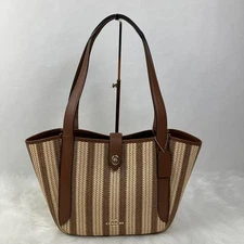 COACH Hadley Turnlock Tote Bag In Straw and Leather/Gold/Redwood Multi CBG92 NWT