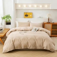 Beige Cotton Duvet Cover Bedding Set with buttons in king Twin XL and other size