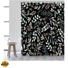 Leaves Shower Curtain, Black Shower Curtain Set with 12 Hooks, Botanical Leav...