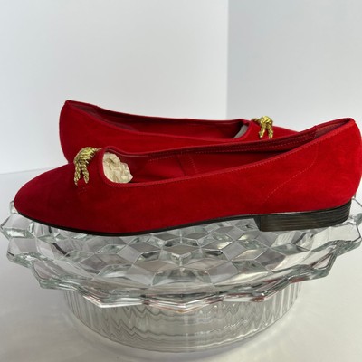 Unisa Red Suede Ballet Flats with Gold Knot Detail, Size 10B, Made in Spain
