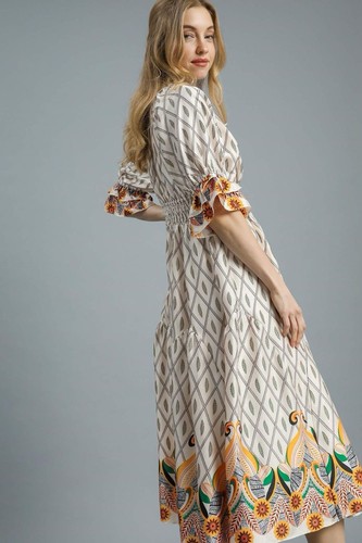 Umgee Printed Smocked Waist Flounce Sleeve Midi Dress - Picture 3 of 4