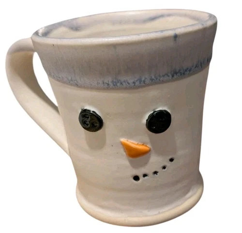 Vintage Studio Pottery Coffee Mug Drip Glaze Artist Signed Snowman Face 4.5"
