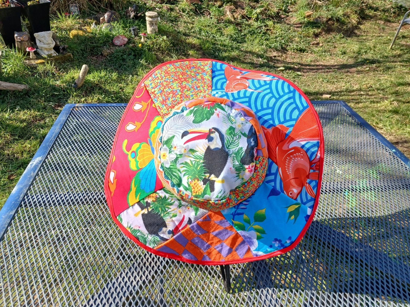 Tropical Fish Patchwork Reversible Sun Hat Handmade parrot boho summer beach