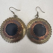 Vintage Brass Copper Round Engraved Shield Drop Earrings Hook  Dangle Earrings