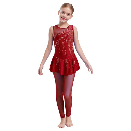 Girls Skating Skirt Dance Costume Shiny Sleeveless Jumpsuits with Mesh Leggings - Picture 17 of 98