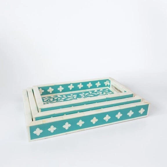 Bone Inlay Tray- Handmade Teal Scroll Vine - Image 2 of 4