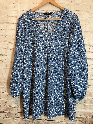 Ellos Top Womens 18/20 Baby Blue Micro Florals Peasant Balloon Sleeves Plus