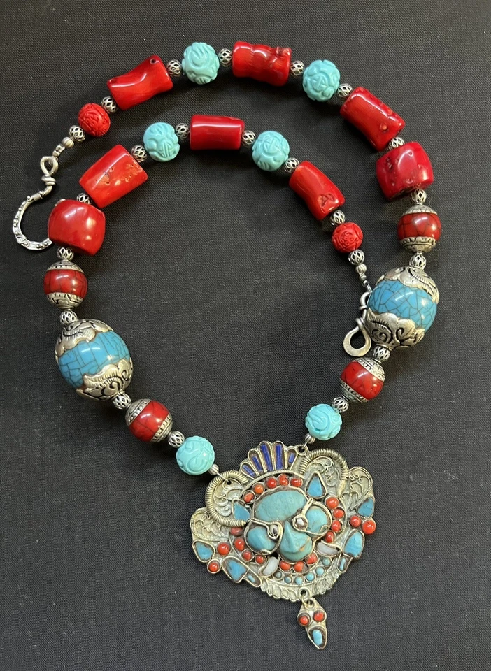 Старинный гималайский тибетский непальский бирюза и коралл амулет Катманду ожерелье. - Изображение 4 из 4