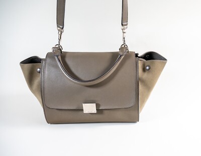Celine Trapeze Moss Green Calfskin Suede Leather Shoulder Bag Tote Small
