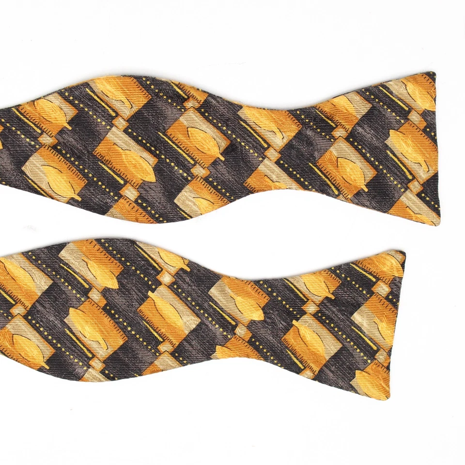 Pajarita de seda Robert Talbott para hombre dorada negra geo hoja estampado mariposa Foto 3 de 4