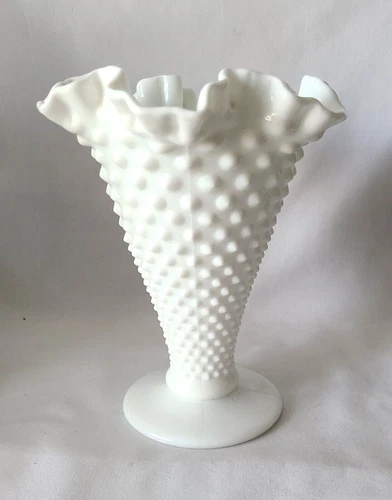 Vintage Fenton Hobnail Milk Glass Double Crimped Edge Large 8" Footed Vase #3958