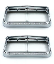 Pair Chrome 4x6 Headlight Headlamp Visor Bezels w/ Amber LED Bar - Clear Lens