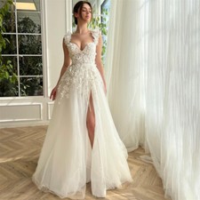 Boho A-Line Wedding Dress Spaghetti Straps Side Slit Lace 3D Floral Bridal Gowns