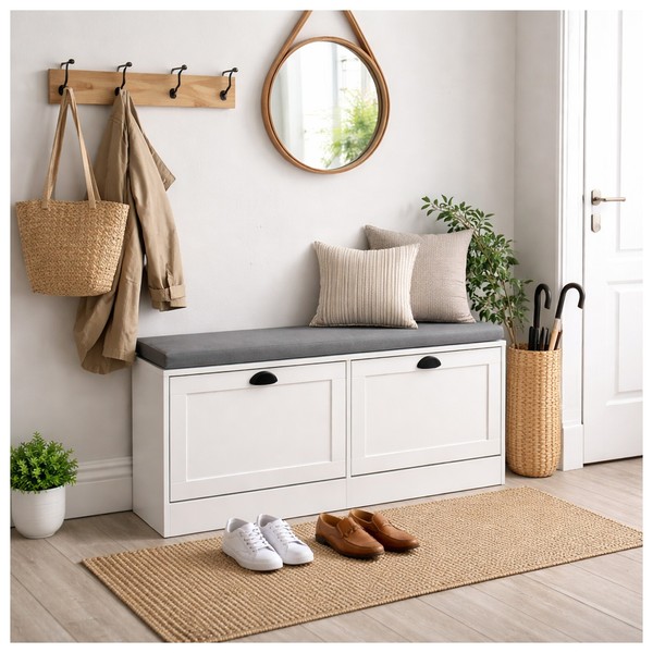Schuhschrank Thekla 2 Klappen 105 Cm Weiß Mit Sitzkissen Schuhkipper Hti-Living-image