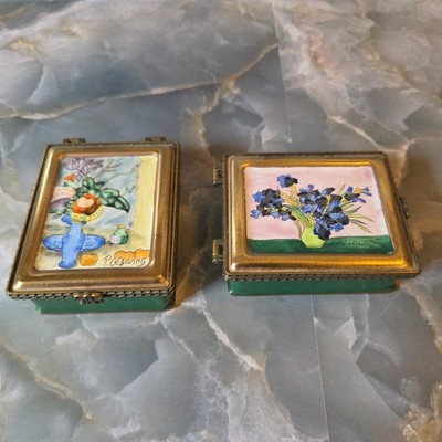 Lot 2 Vtg 2001 Kelvin Chen Enamel Pill Trinket Boxes Cezanne Van Gogh Irises