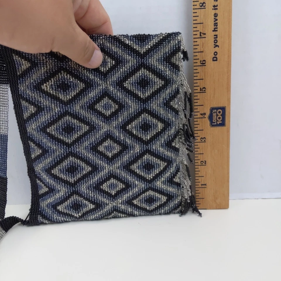 Винтажный бисером вечер сумка черный серебряный геометрический бриллиант узор бахрома сумочка - Изображение 4 из 4