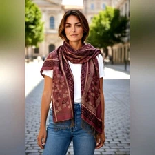 Pashmina EXOTIC Shoulder Wrap Shaw 68" x 25" Maroon & Gold LARGE Fringe Aztec