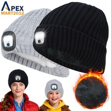 Men Women LED Beanie Knitted Hat Kids Winter Warm USB Rechargeable Headlamp Cap