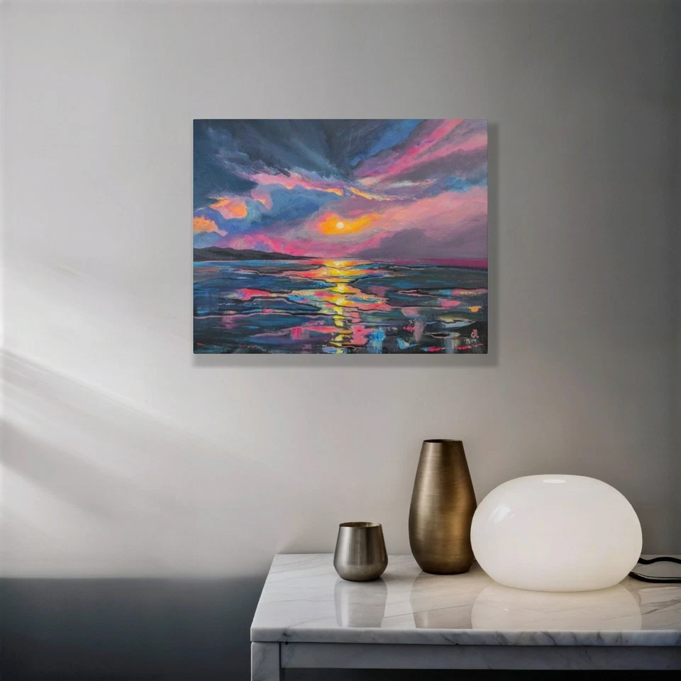 Arte Ocean Sunset. Pintura original sobre lienzo. Paisaje costero. Paisaje marino 11x14 Foto 2 de 4