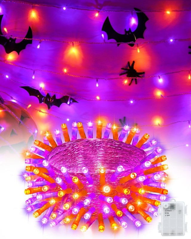 Halloween String Lights Battery Operated, Orange and Purple Lights with Timer