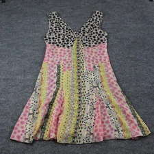 Anna Sui Dress 8 Silk V Neck Boho Multi Flare Mini Hem Feminine Artsy Romantic