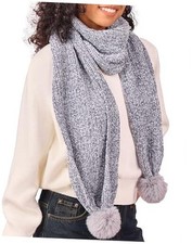 Womens Chenille Scarf with Pompom Winter Knit Warm Scarves for Cold Grey