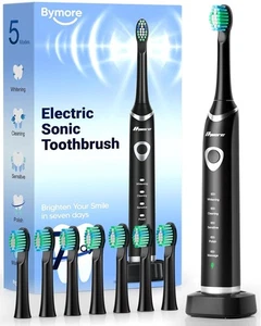 Bymore Black Electric Toothbrush Rechargeable Sonic with 8 Replacement Heads NEW