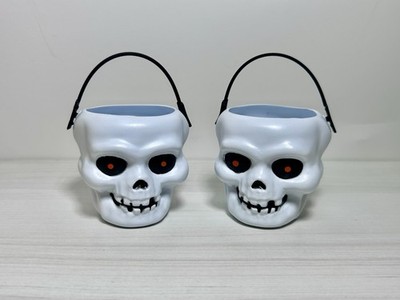 2 Vintage 90 s Fun World SKELETON HEAD Halloween Blow Mold Mini Bucket 3.5 