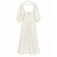 Quince Gauze Midi Dress XL White Smocked Puff Sleeve Cottagecore Organic Cotton