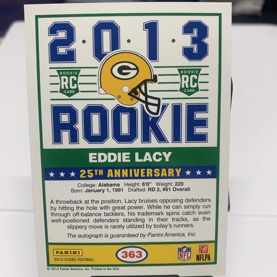 2013 Score Eddie Lacy GREEN 25TH ANNIVERSARY RC AUTO SP AUTOGRAPH  - Imagem 2 de 2