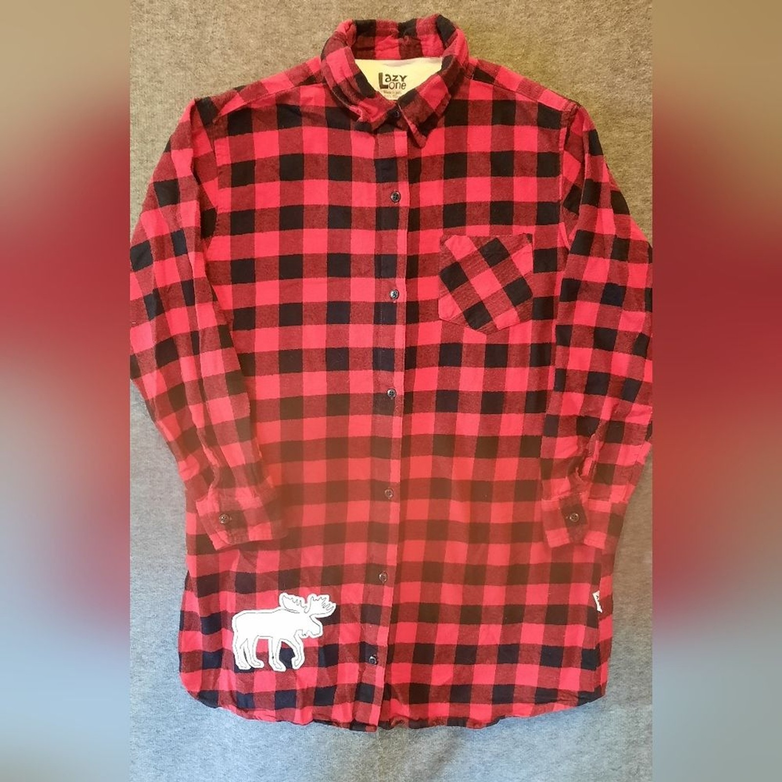 Lazy One Nightshirt Womans S/M Red Plaid Flannel Button Down Comfy Loumgewear