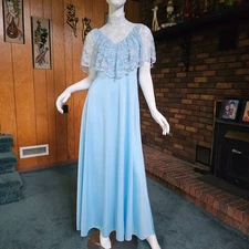 Vtg 70s Victorian Revival High Lace Neck Powder Blue Capelet Maxi Gown Dress S/M