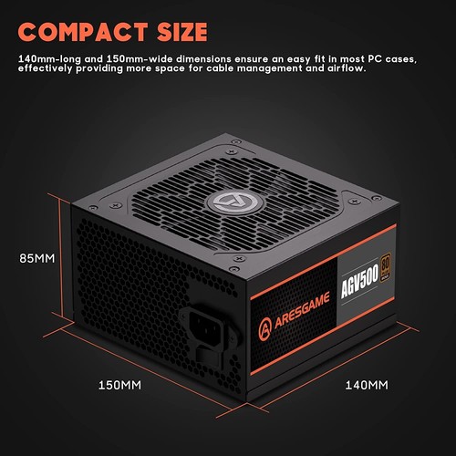 ARESGAME AGV Series 500W Power Supply 80 Plus Bronze Certified - Afbeelding 2 van 5