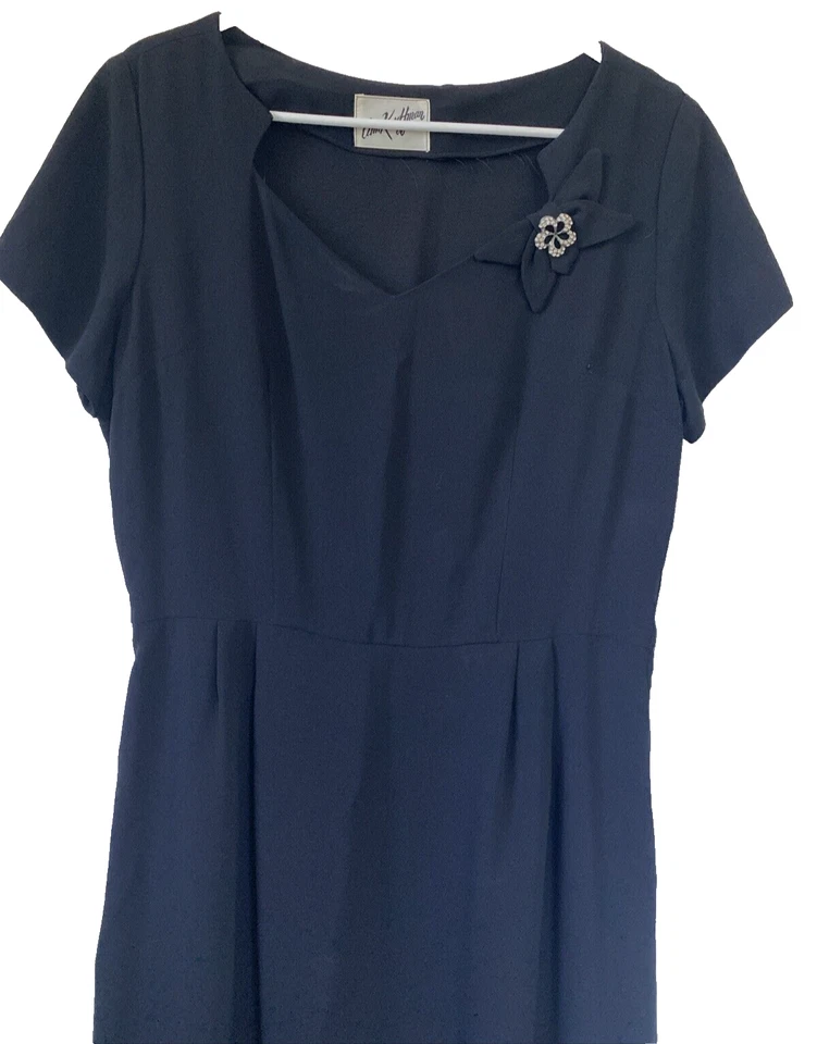 Vestido Negro Ann Kauffman Años 40 50 De Colección Estrás Flor Cóctel Fiesta Midi Foto 4 de 4