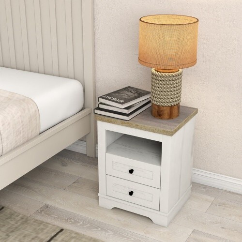 Farmhouse Nightstand with 2 Drawers - Rustic End Table or Side Table with Storage Cabinet