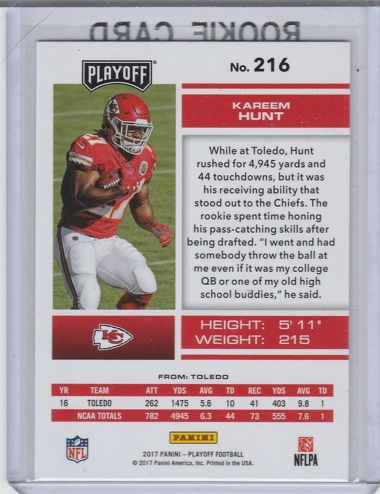 KAREEM HUNT ROOKIE CARD 2017 Playoff Football RC KC Chiefs CLEVELAND BROWNS! - Image 2 of 2