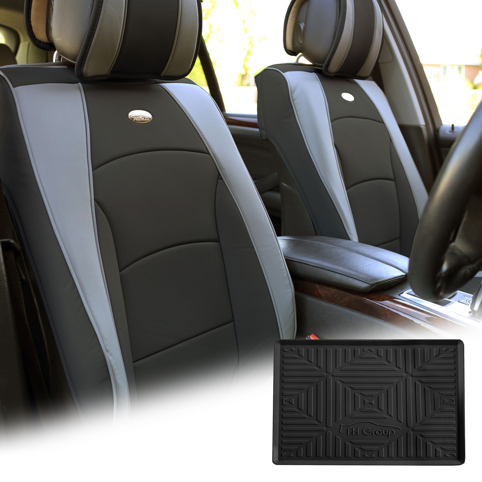 Leatherette Seat Cushion Covers Front Bucket Gray w/ Dash Mat For Car
